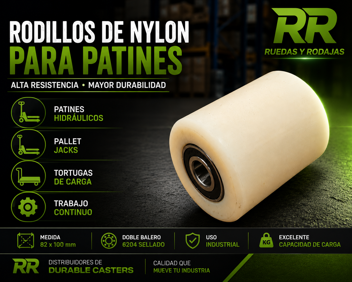Rodillos de Nylon para Patines Hidráulicos en México | Alta Resistencia